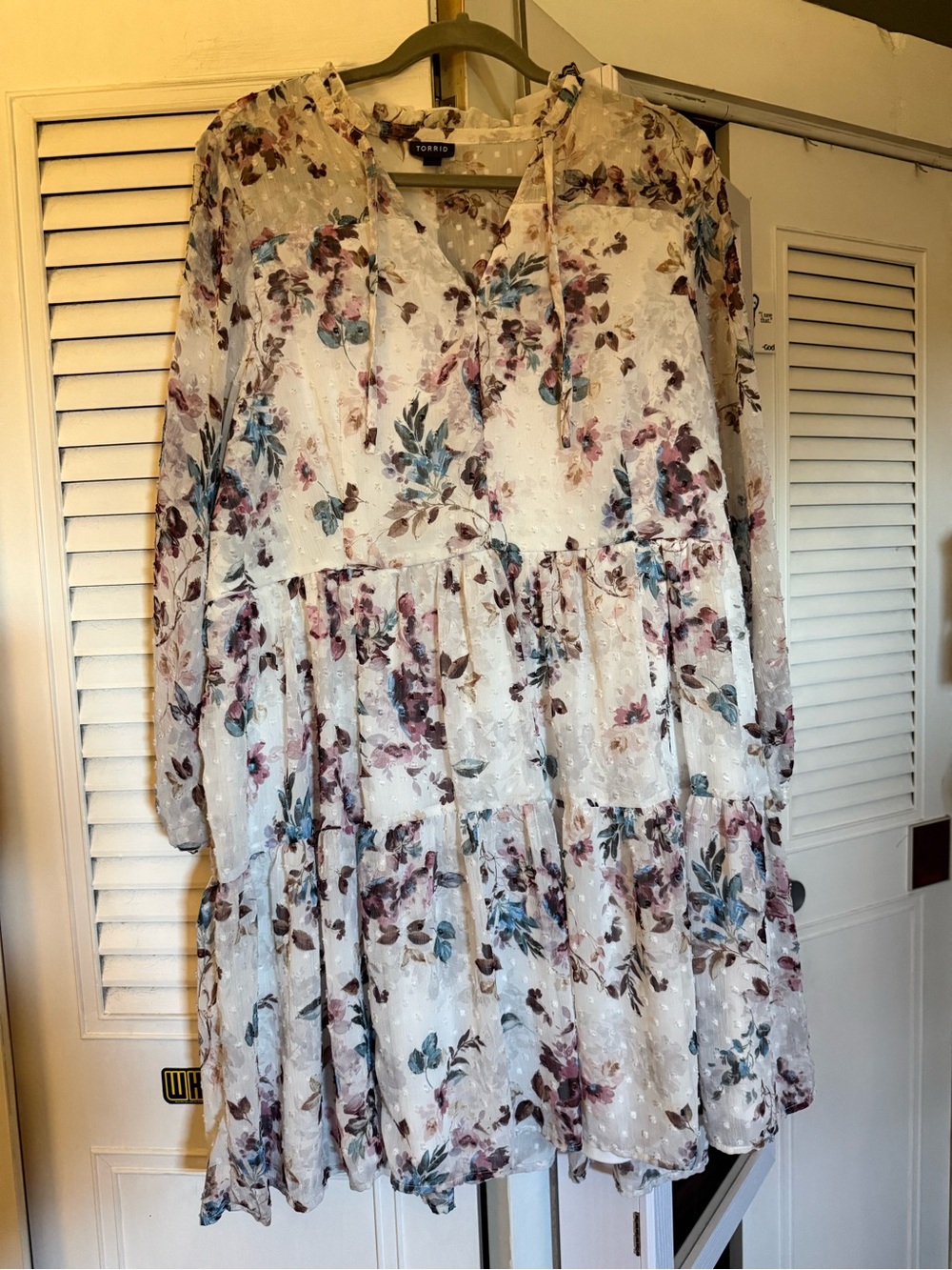 torrid Cream Floral Tiered Long Sleeve Dress with Dusty Rose & Teal Accents